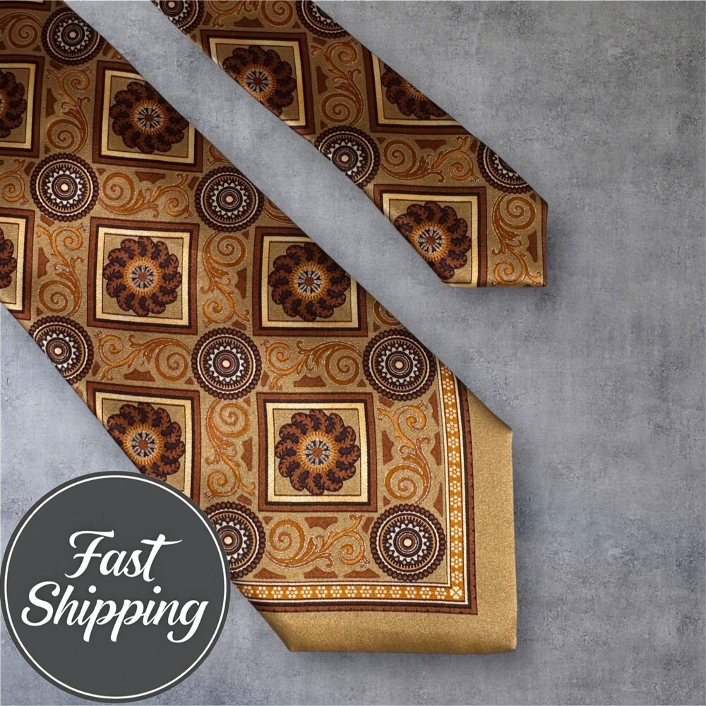 GIANFRANCO FERRE Made in Italy Silk Tie Geometric 100% Silk Necktie Brown/Tan